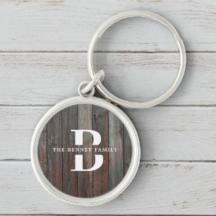 Custom Rustic Farmhouse Family Monogram Name Wood Keychain
