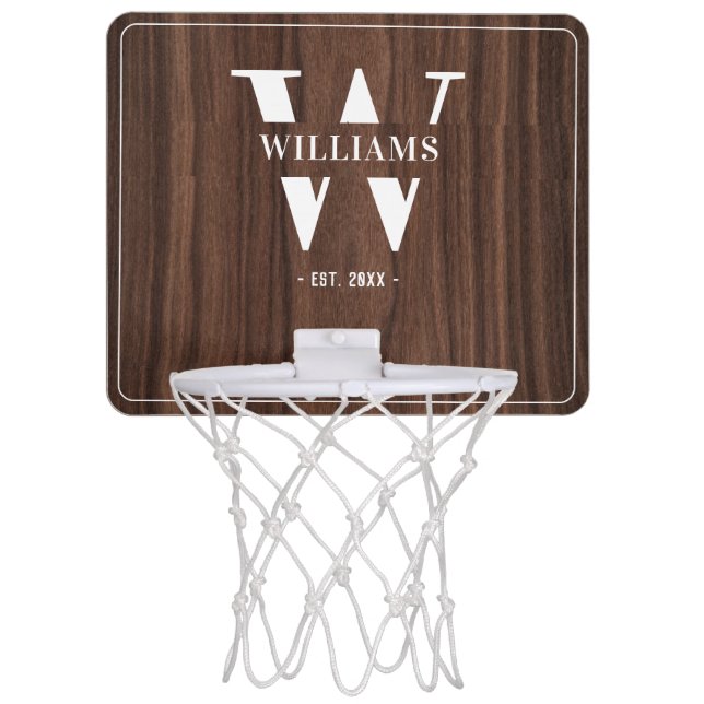 Custom Rustic Farmhouse Family Monogram Name Wood Mini Basketball Hoop (Front)