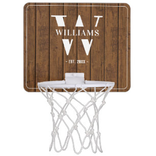 Custom Rustic Farmhouse Family Monogram Name Wood Mini Basketball Hoop