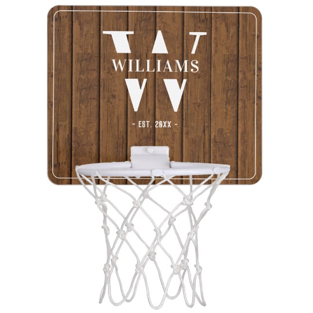 Custom Rustic Farmhouse Family Monogram Name Wood Mini Basketball Hoop (Front)