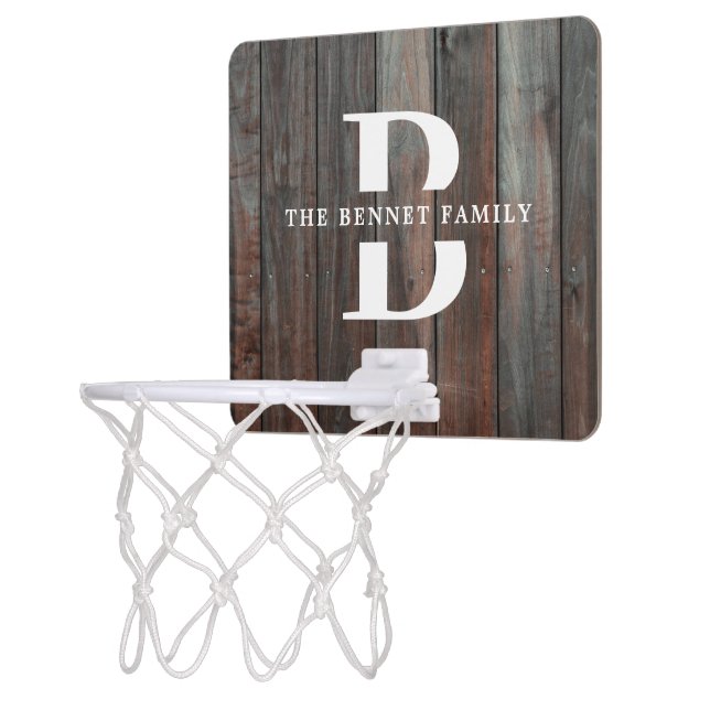 Custom Rustic Farmhouse Family Monogram Name Wood Mini Basketball Hoop (Left)