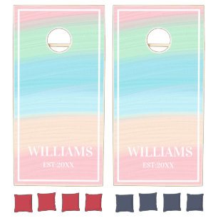 Custom Rustic Farmhouse Family Monogram  Rainbow Cornhole Set