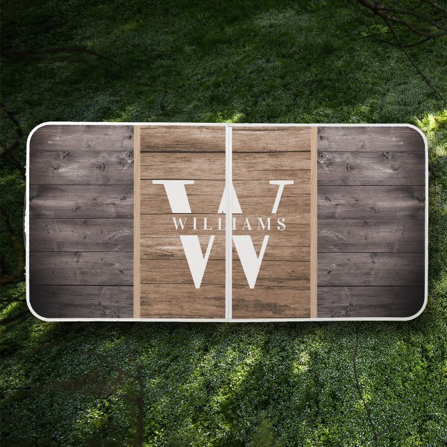 Custom Rustic Farmhouse Family Monogram Wood Tone Beer Pong Table (Creator Uploaded)
