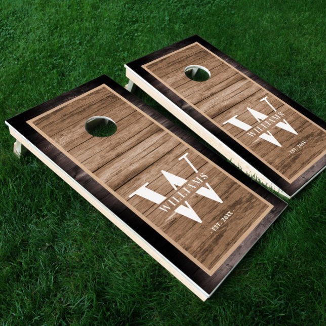 Custom Rustic Farmhouse Family Monogram Wood Tone Cornhole Set (Creator Uploaded)