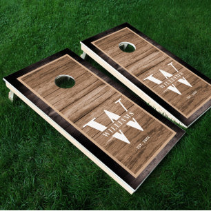 Custom Rustic Farmhouse Family Monogram Wood Tone Cornhole Set