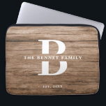 Custom Rustic Farmhouse Family Name Wood Laptop Sleeve<br><div class="desc">This modern,  rustic laptop sleeve features your family monogram and name over a faux medium brown wood backdrop in a retro cool typography design. Customize with your family name and initial and make this your own.</div>