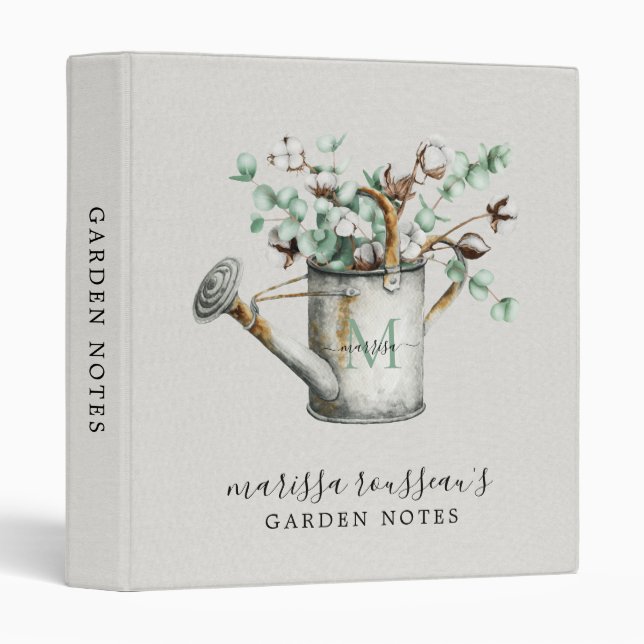 Custom Rustic Floral Watering Can Garden Notes 3 Ring Binder (Front/Spine)