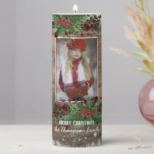 Custom Rustic Floral Wreath Holiday Season Pillar Candle