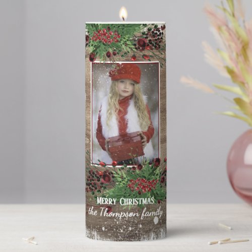 Custom Rustic Floral Wreath Holiday Season Pillar Candle