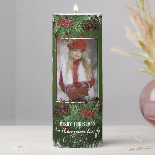 Custom Rustic Floral Wreath Holiday Season Pillar Candle