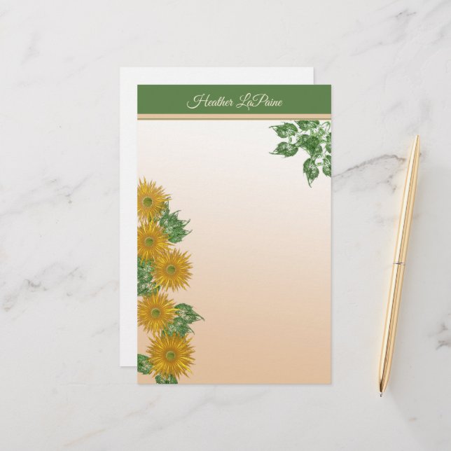 Custom Rustic Golden Floral Leaves Art Borders Stationery (Front/Back In Situ)