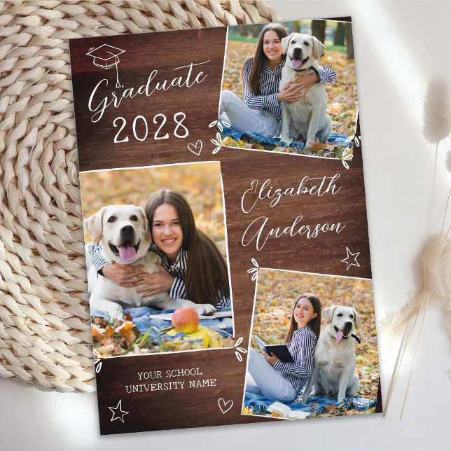 Custom Rustic Graduate 3 Photo Doodle Graduation Invitation | Zazzle