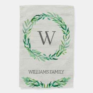 Custom Rustic Greenery Wreath  Monogram I Garden Flag
