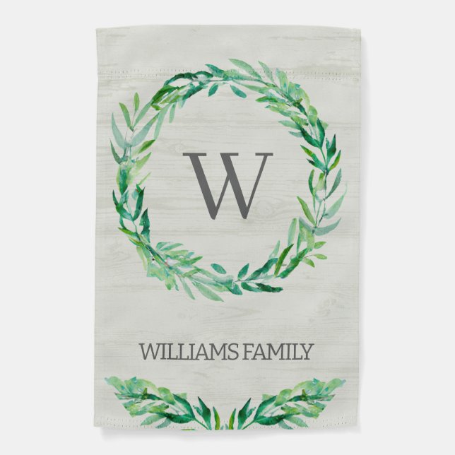 Custom Rustic Greenery Wreath  Monogram I Garden Flag (Front)