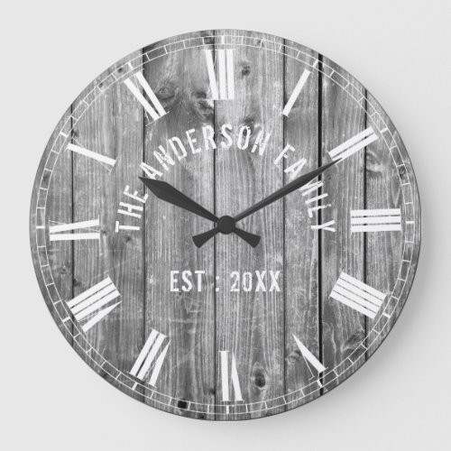 Custom Rustic Grey Wood Family Name Farmhouse Large Clock