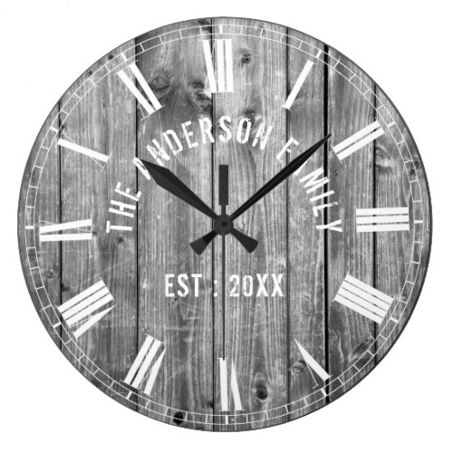 Custom Rustic Grey Wood Family Name Farmhouse Large Clock