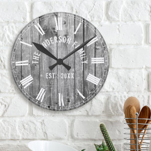 Custom Rustic Grey Wood Family Name Farmhouse Round Clock