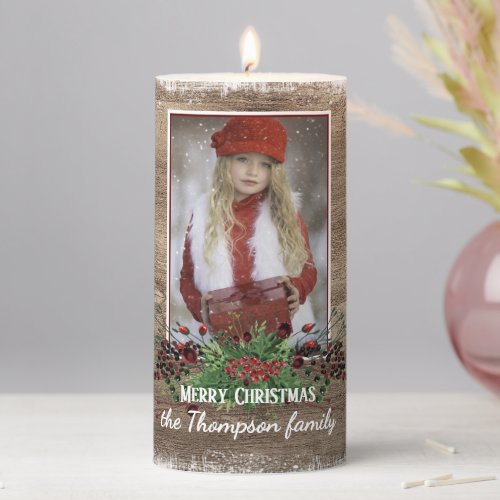 Custom Rustic Holiday Season Greeting Design Pillar Candle