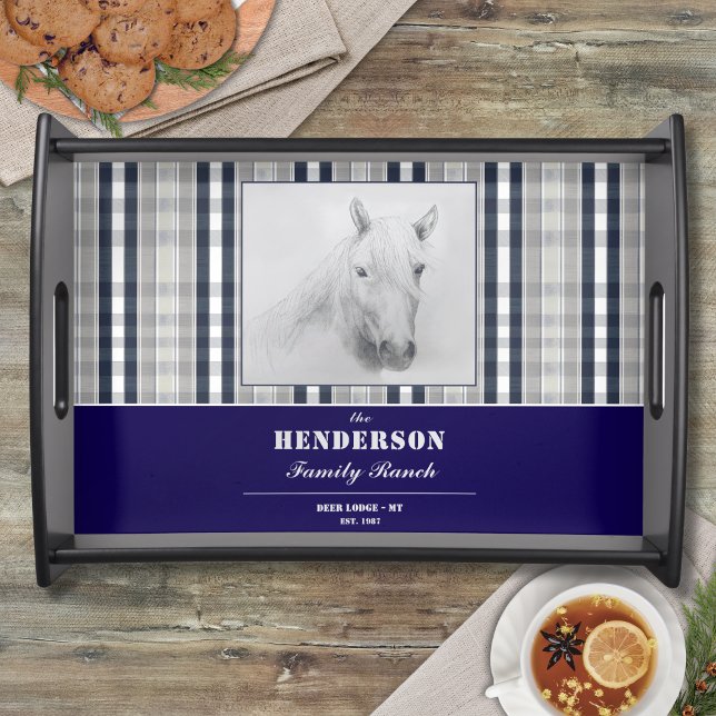 Custom Rustic Horse Family Name Plaid Serving Tray (Creator Uploaded)