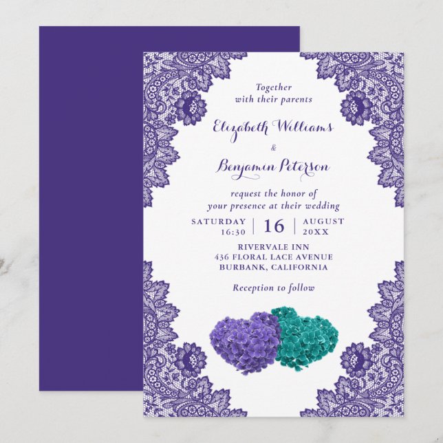 Custom Rustic Lace Purple and Teal Floral Wedding Invitation (Front/Back)