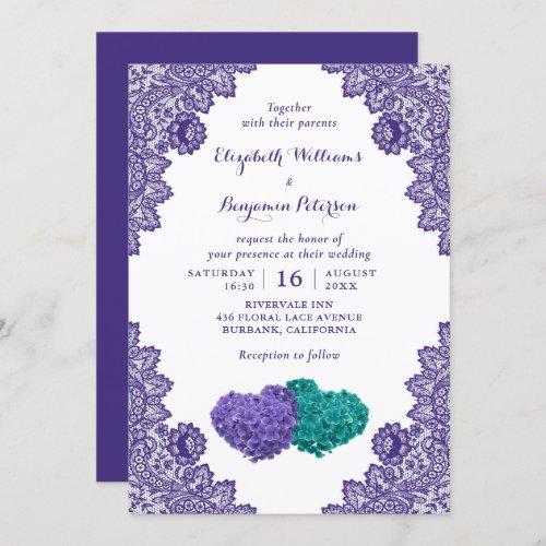 Custom Rustic Lace Purple and Teal Floral Wedding Invitation