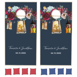 Custom Rustic Lanterns Burgundy Navy Wedding Party Cornhole Set