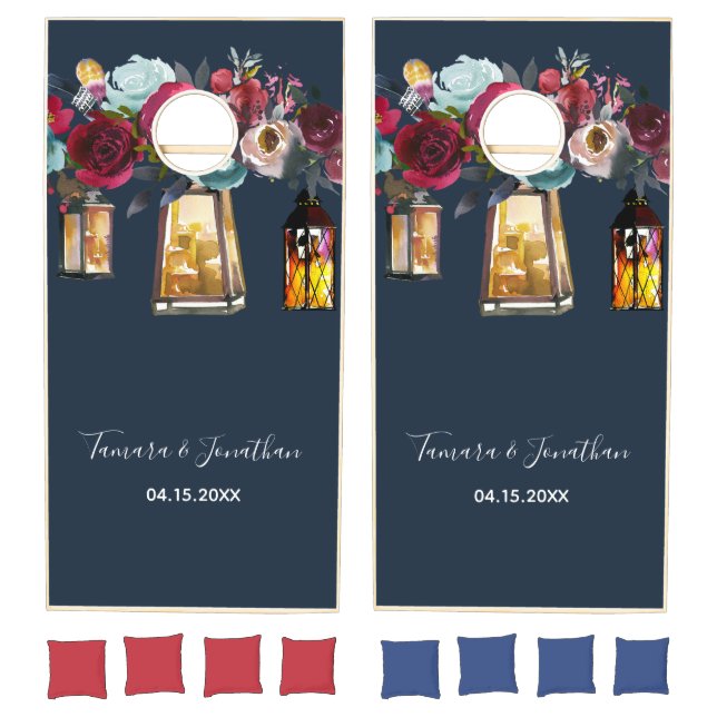 Custom Rustic Lanterns Burgundy Navy Wedding Party Cornhole Set (Set)
