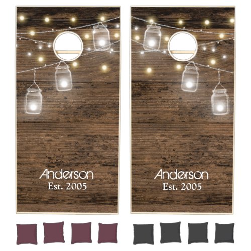 Custom Rustic Mason Jar Lights Family Name Cornhole Set