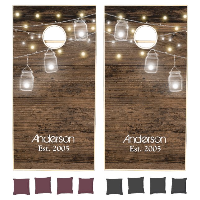 Custom Rustic Mason Jar Lights Family Name Cornhole Set (Set)