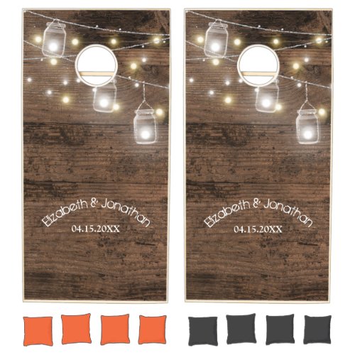 Custom Rustic Mason Jar Lights Wedding Party Cornhole Set