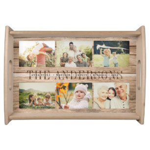 Custom Rustic Modern Family Name Photo Collage Serving Tray