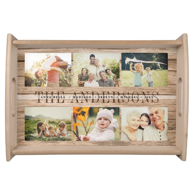Custom Rustic Modern Family Name Photo Collage Serving Tray (Front)