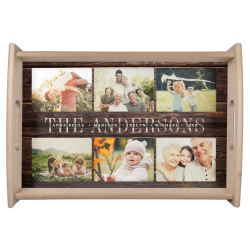 Custom Rustic Modern Family Name Photo Collage Serving Tray