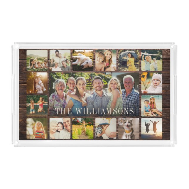 Custom Rustic Modern Family Photo Collage Keepsake Acrylic Tray (Front)