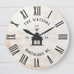 Custom Rustic Modern Farmhouse Family Name Vintage Clock<br><div class="desc">Personalized Family Name, city, state and year established Rustic Modern Wall clock in a trendy farmhouse style design with roman numeral clock face, barn illustration, and light white wood plank / shiplap backdrop design. Perfect gift for newlyweds, wedding or housewarming present or grandparents gift, or for a home make-over in...</div>