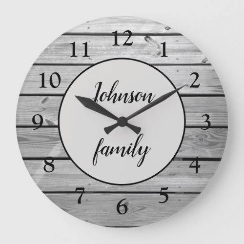 Custom Rustic Modern Gray Wood Family Name Large Clock