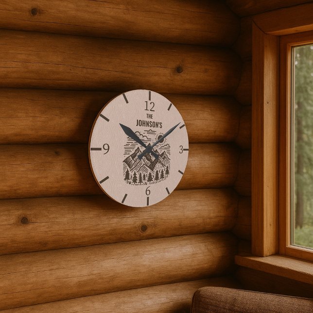Custom Rustic Modern Mountains Round Clock (Rustic Modern Mountain Round Clock Great for the Cabin!)