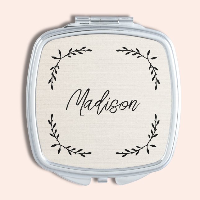 Custom Rustic Modern Square Compact Mirror (Elegant Script Custom Name Compact in Creme. Bridesmaid Personalized Make-up Mirror.)