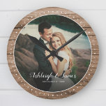 Custom Rustic Modern Wedding Photo Script Round Clock<br><div class="desc">Rustic Modern Wedding photo wall clock with a pretty romantic hand lettered script design, your custom names and favorite photo. Great gift for newlyweds, an anniversary or Valentine's Day! The farmhouse style wood panel textured background make it a great addition to any fixer upper style home decor, a family cottage...</div>