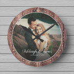 Custom Rustic Modern Wedding Photo Script Wood Round Clock<br><div class="desc">Rustic Modern Wedding photo wall clock with a pretty romantic hand lettered script design, your custom names and favorite photo. Great gift for newlyweds, an anniversary or Valentine's Day! The farmhouse style dark wood panel textured background make it a great addition to any fixer upper style home decor, a family...</div>
