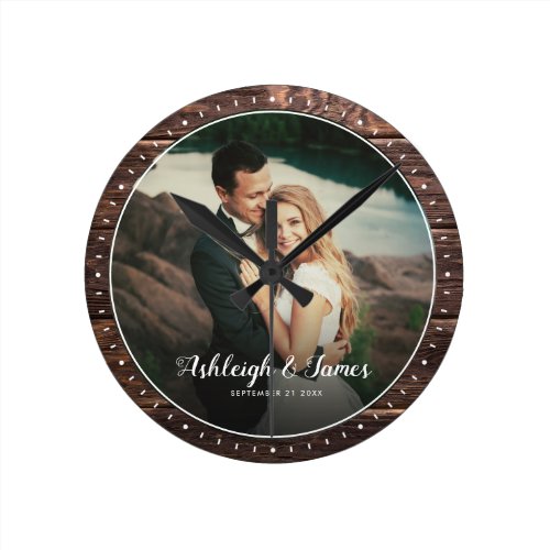 Custom Rustic Modern Wedding Photo Script Wood Round Clock