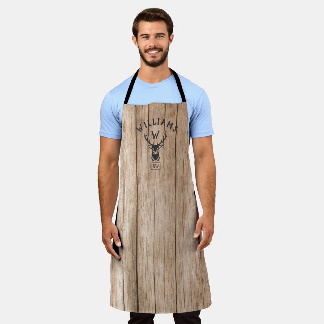Custom Rustic Monogram Family Name Wood Buck Apron (Worn)