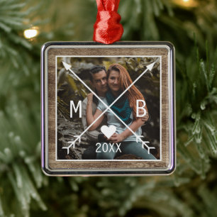 Custom Rustic Monogrammed Love Heart Arrows 2023 Metal Ornament