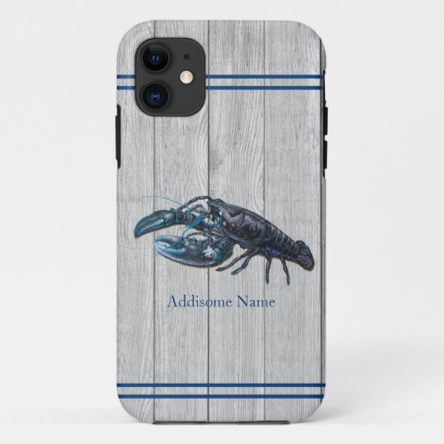 Custom Rustic Nautical Blue Lobster Gray Wood iPhone 11 Case
