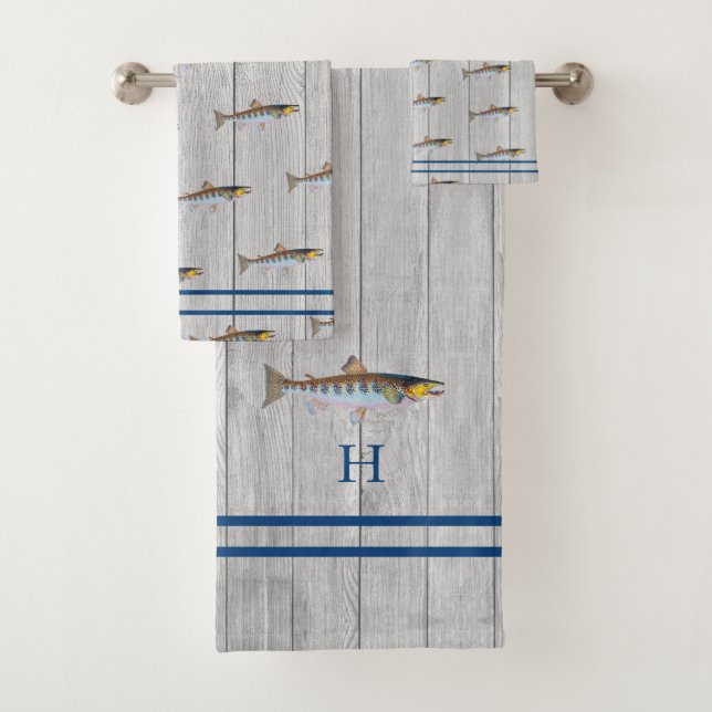 Custom Rustic Nautical Blue Salmon Gray Wood  Bath Towel Set (Insitu)