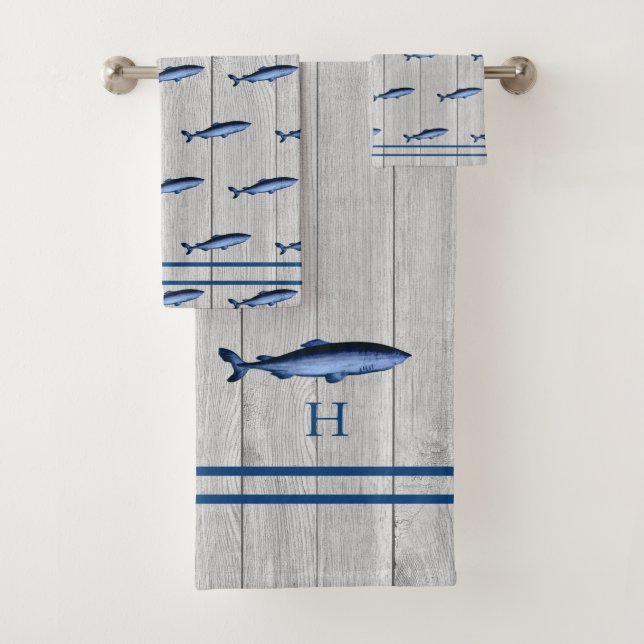 Custom Rustic Nautical Shark Blue Gray Wood  Bath Towel Set (Insitu)