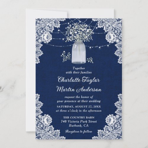 Custom Rustic Navy Blue Babys Breath Wedding Invitation