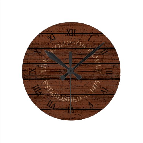 Custom Rustic Oak Brown Weathered Plank Pattern Round Clock