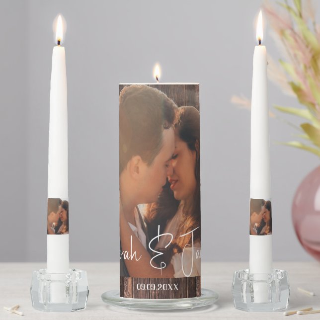 Custom Rustic Photo Script Wedding  Unity Candle Set (In Situ)