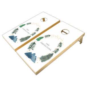 Custom Rustic Pine Forest Mountains Watercolor Cornhole Set